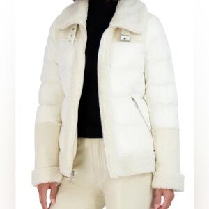Tahari Off-White Puffer Jacket with Shearling Trim